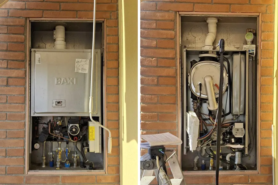 A sinistra la vecchia caldaia Baxi del 2008, a destra la nuova caldaia a condensazione nello stesso cassone a incasso in mattoni faccia a vista