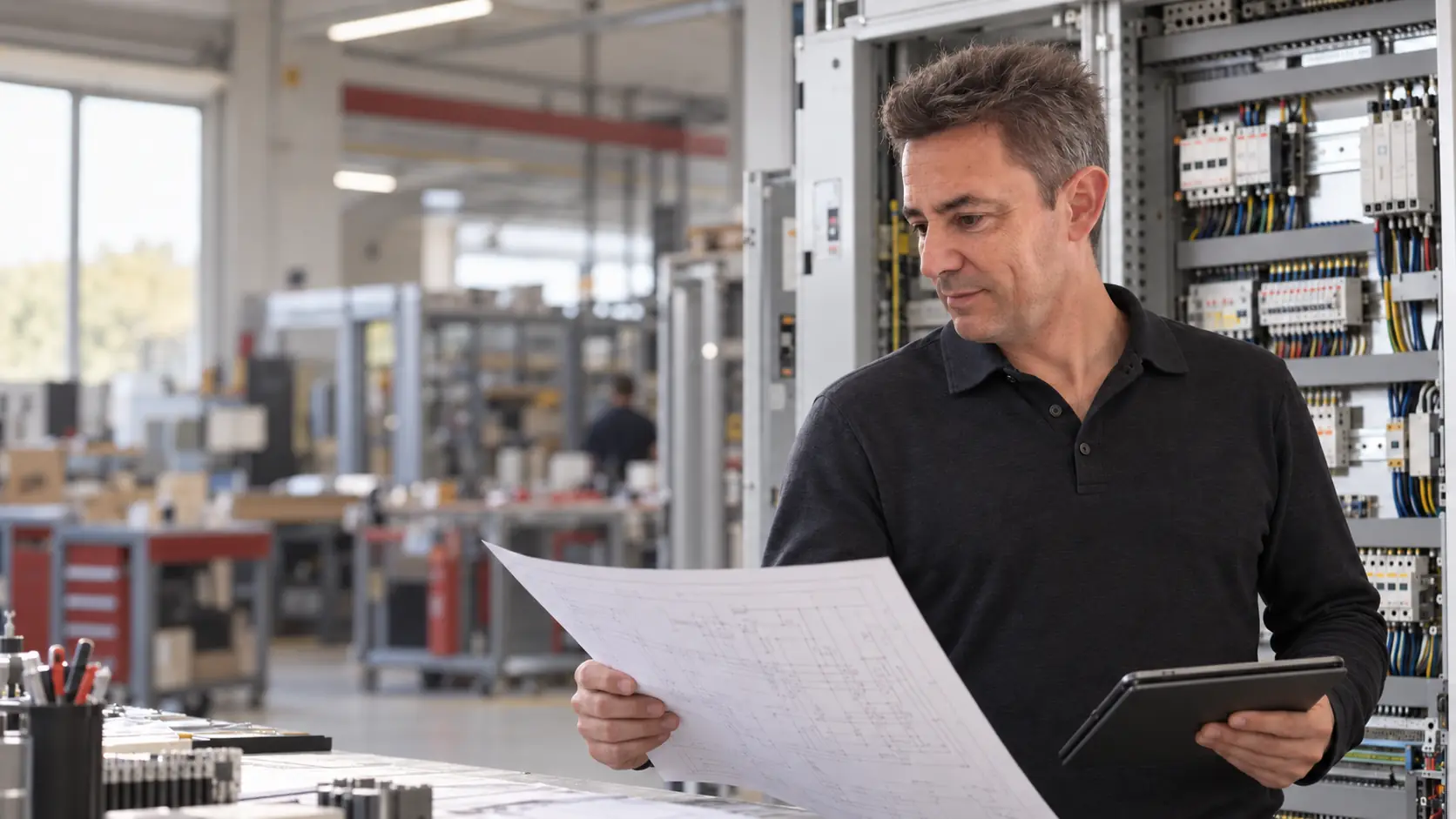 Emanuele Frison analizza un progetto davanti a un quadro elettrico industriale